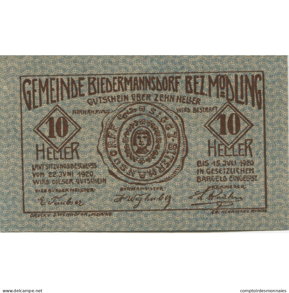 Billet, Autriche, Mödling, 10 Heller, Blason 1920-07-15, SPL, Mehl:FS 87b - Oesterreich