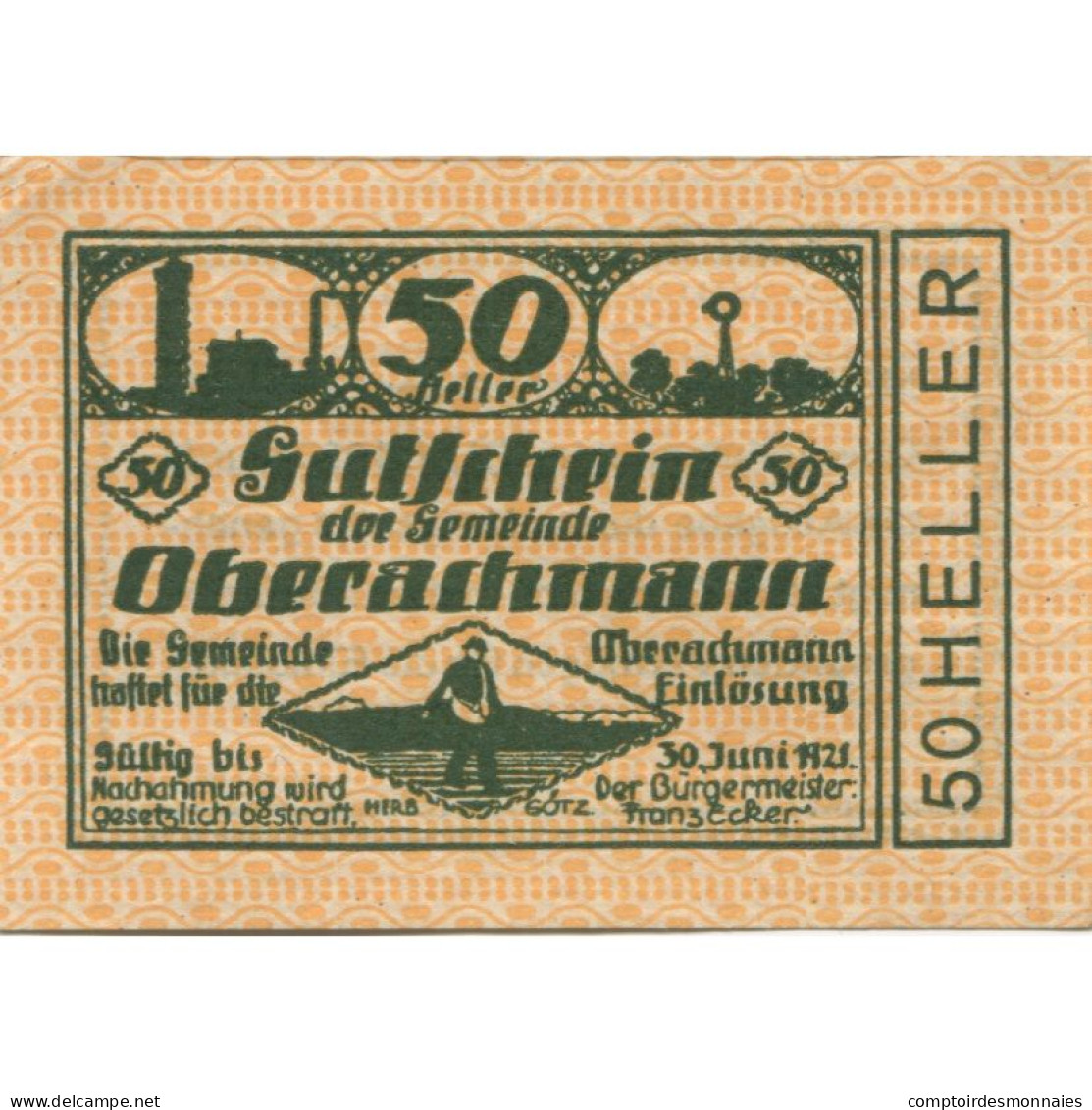 Billet, Autriche, Oberachmann, 50 Heller, Usine 1921-06-30, SPL, Mehl:FS 680b - Oesterreich