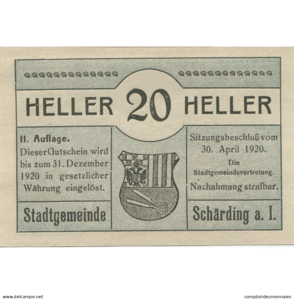 Billet, Autriche, Schärding, 20 Heller, Rue, 1920, 1920-12-31, SPL, Mehl:FS 951 - Oesterreich