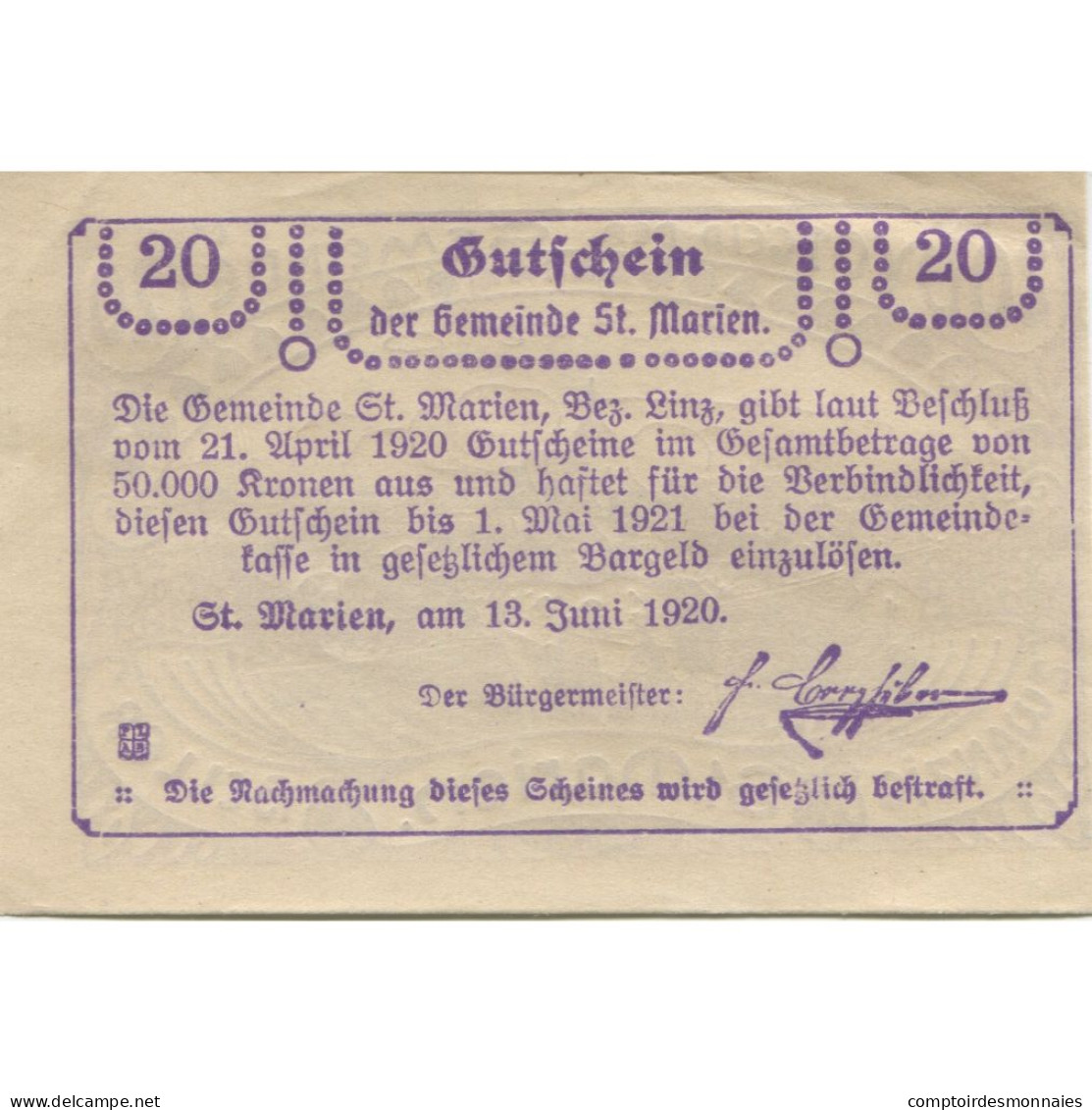 Billet, Autriche, St Marien, 20 Heller, Champs 1921-05-01, SPL, Mehl:FS 907b - Austria