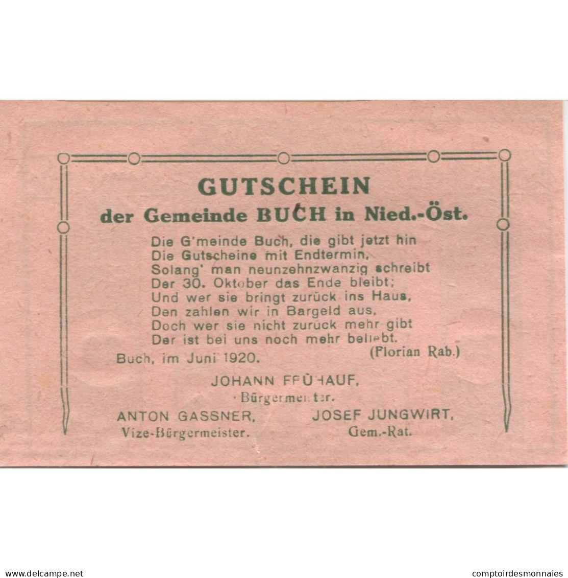 Billet, Autriche, Buch, 20 Heller, Route, 1920, 1920-10-30, SPL, Mehl:FS 113a - Autriche