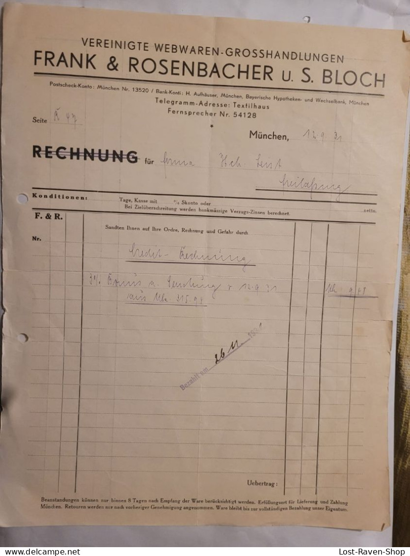 Rechnung - Frank & Rosenbacher - München - 1931 - 1900 – 1949