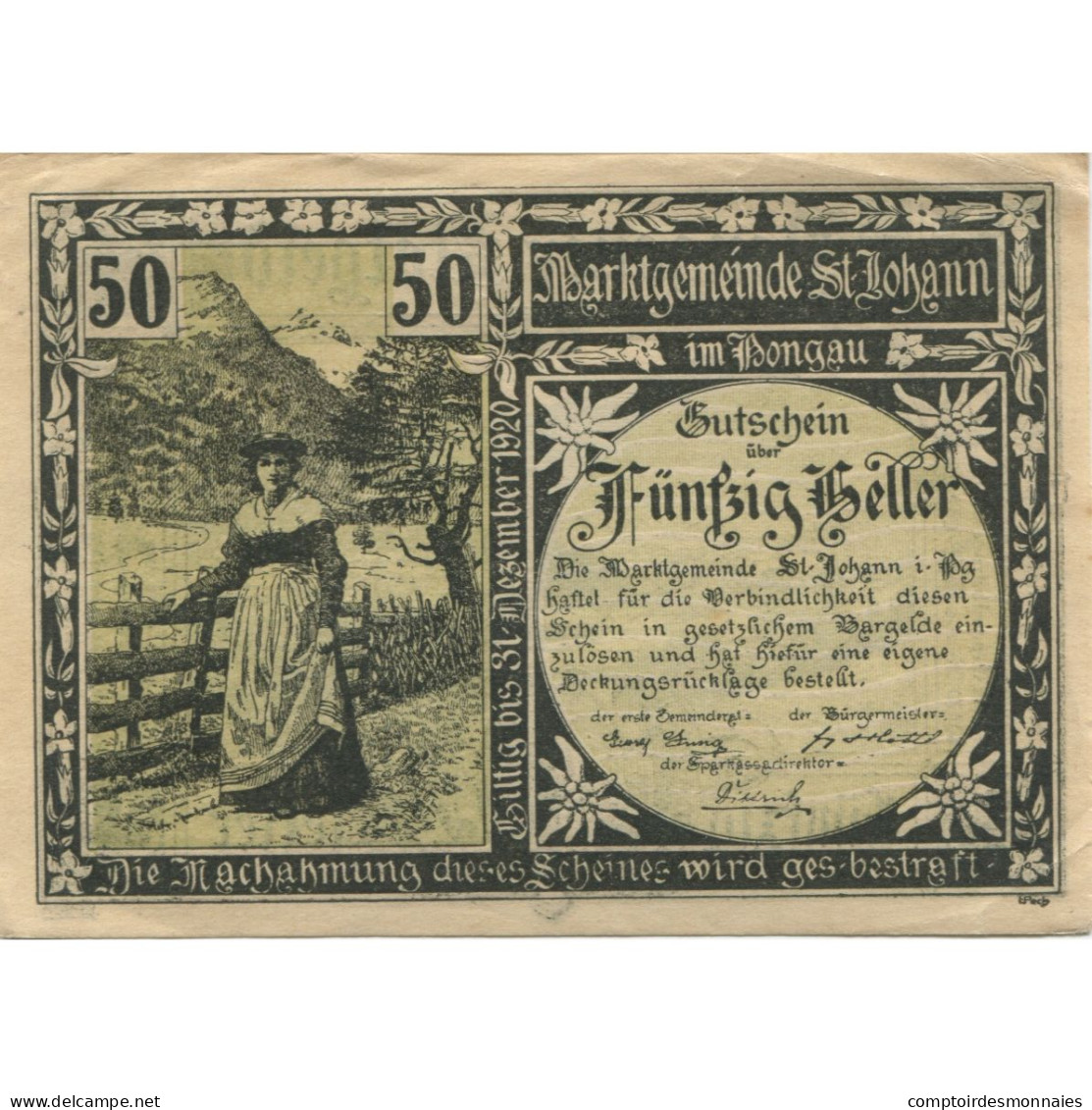 Billet, Autriche, St Johann, 50 Heller, Personnage, 1920, SUP+ Mehl:FS 895a - Austria