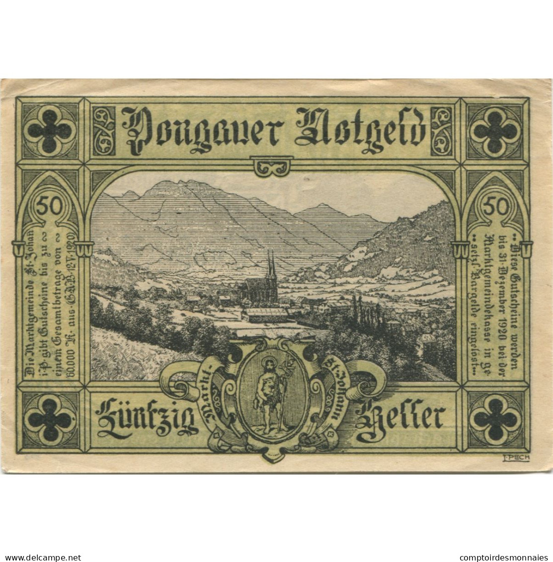 Billet, Autriche, St Johann, 50 Heller, Personnage, 1920, SUP+ Mehl:FS 895a - Autriche