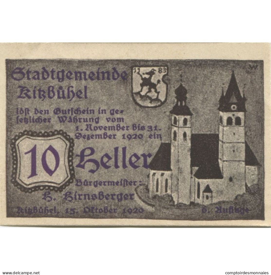Billet, Autriche, Kitzbühel, 10 Heller, Château 1920-01-15, SPL Mehl:FS 449d - Autriche