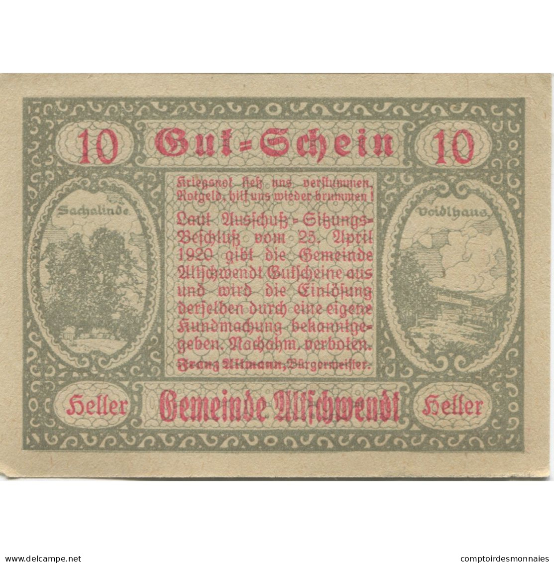 Billet, Autriche, Altschwendt, 10 Heller, Clocher, 1920, SPL, Mehl:FS 35IIa - Autriche