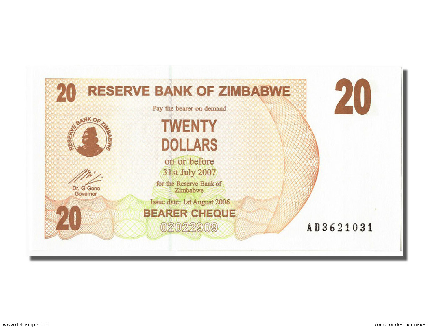 Billet, Zimbabwe, 20 Dollars, 2006, 2006-08-01, NEUF - Simbabwe