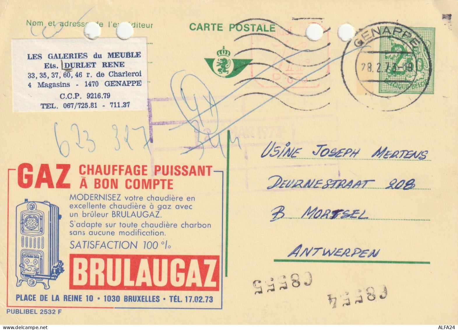 INTERO POSTALE 1973 BELGIO 2,50 F. -fori Archiviazione (XT2991 - Postcards 1934-1951