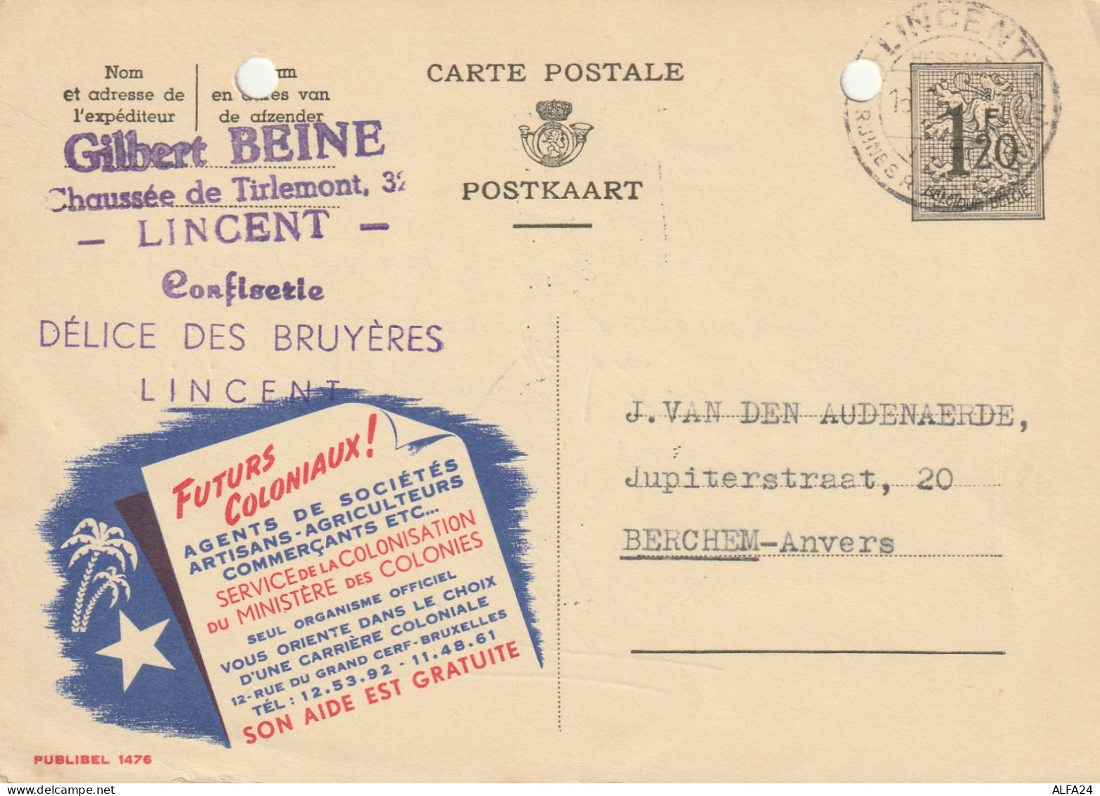 INTERO POSTALE 1970 CIRCA BELGIO 1,20 F. -fori Archiviazione (XT2984 - Tarjetas 1934-1951