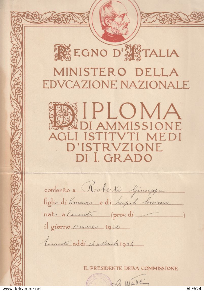DIPLOMA AMMISSIONE 1934 - CATTIVO STATO (XT2656 - Diplomi E Pagelle