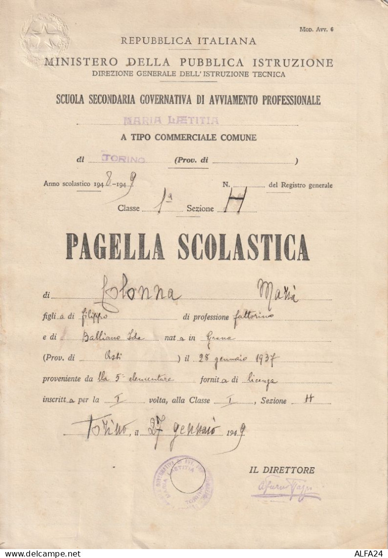 PAGELLA SCOLASTICA 1937 (XT2652 - Diplomi E Pagelle