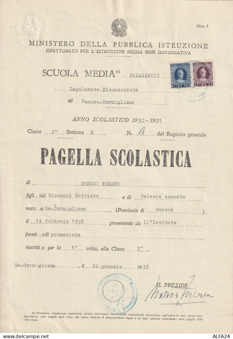 PAGELLA SCOLASTICA 1951 CON MDB (XT2623 - Diplomi E Pagelle