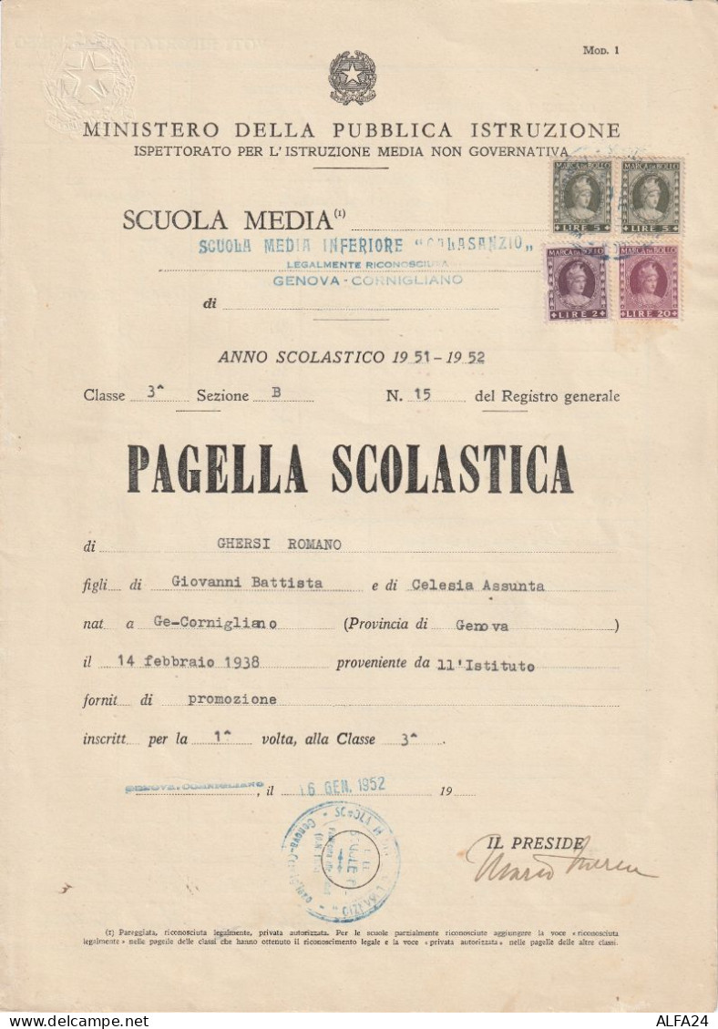 PAGELLA SCOLASTICA 1952 CON MDB (XT2591 - Diplomi E Pagelle