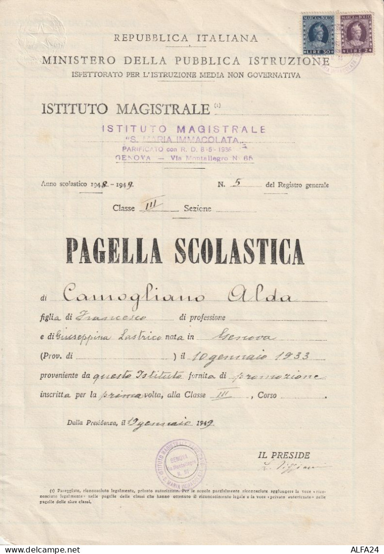 PAGELLA SCOLASTICA 1949 CON MDB (XT2592 - Diplomi E Pagelle