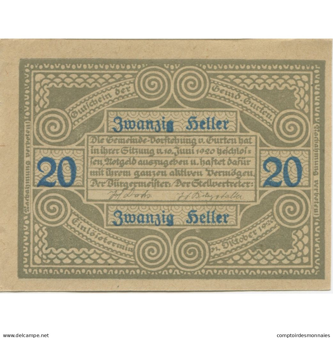 Billet, Autriche, Gurten, 20 Heller, Personnage 1920-10-31, SPL, Mehl:FS 312c - Autriche