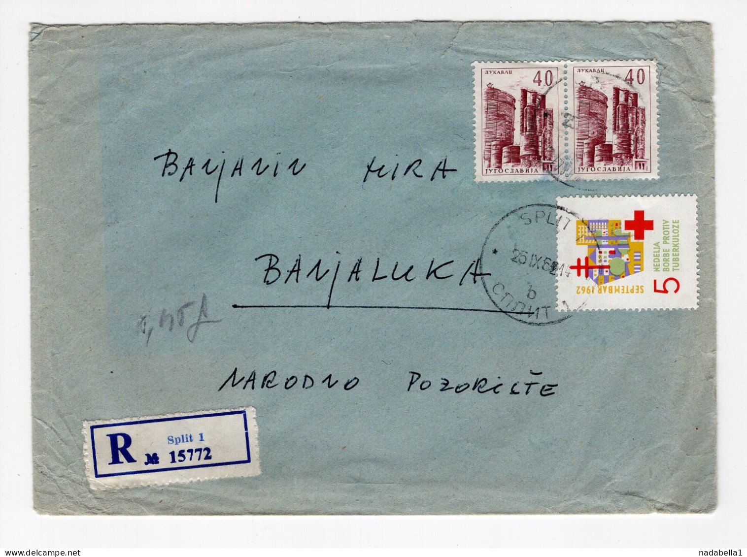 1962. YUGOSLAVIA,CROATIA,SPLIT RECORDED COVER TO BANJA LUKA,RED CROSS TBC,ANTI TUBERCULOSIS WEEK ADDITIONAL STAMP - Lettres & Documents