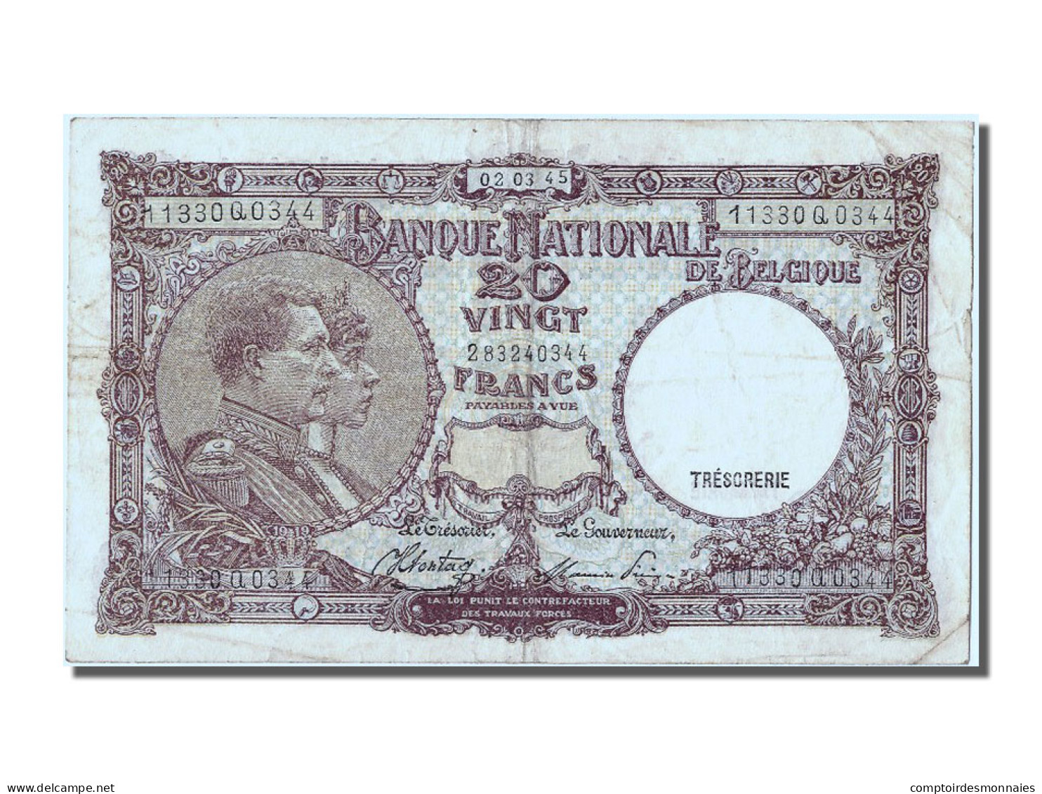 Billet, Belgique, 20 Francs, 1945, 1945-03-02, TTB - 20 Francos