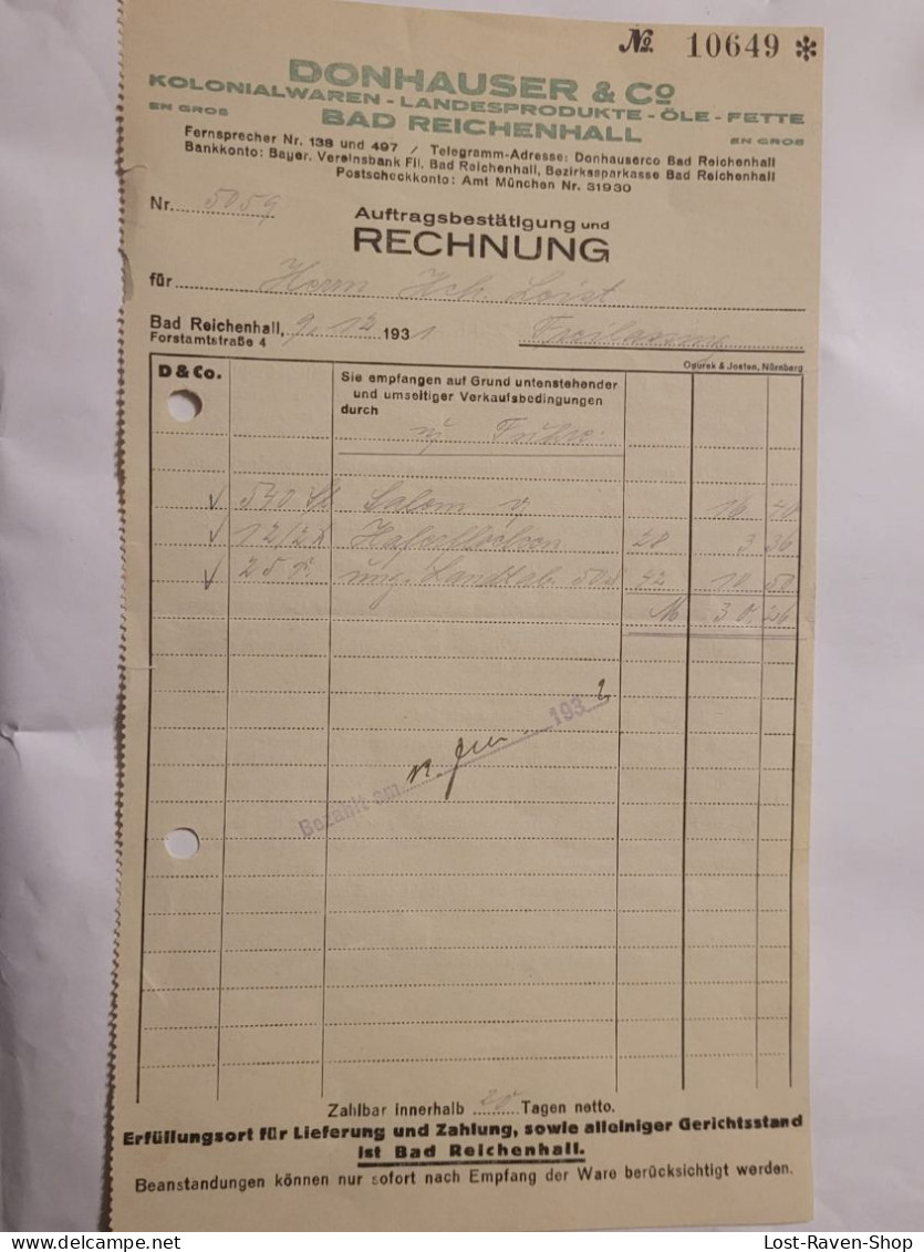 Rechnung - Donhauser & Co - 1931 - Bad Reichenhall - 1900 – 1949