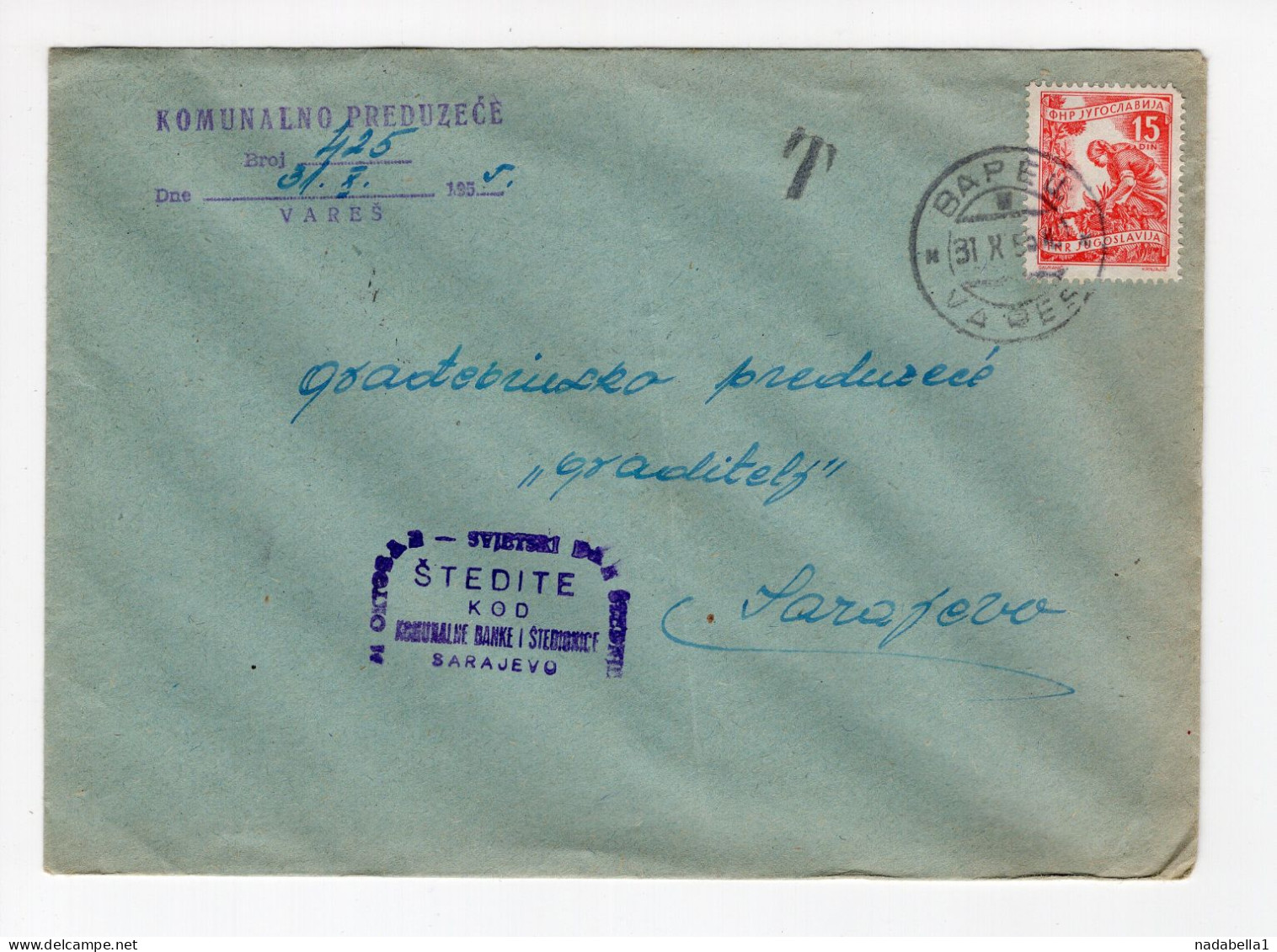 1955. YUGOSLAVIA,BOSNIA,VARES,COVER TO SARAJEVO,T,POSTAGE DUE,FLAM - Postage Due