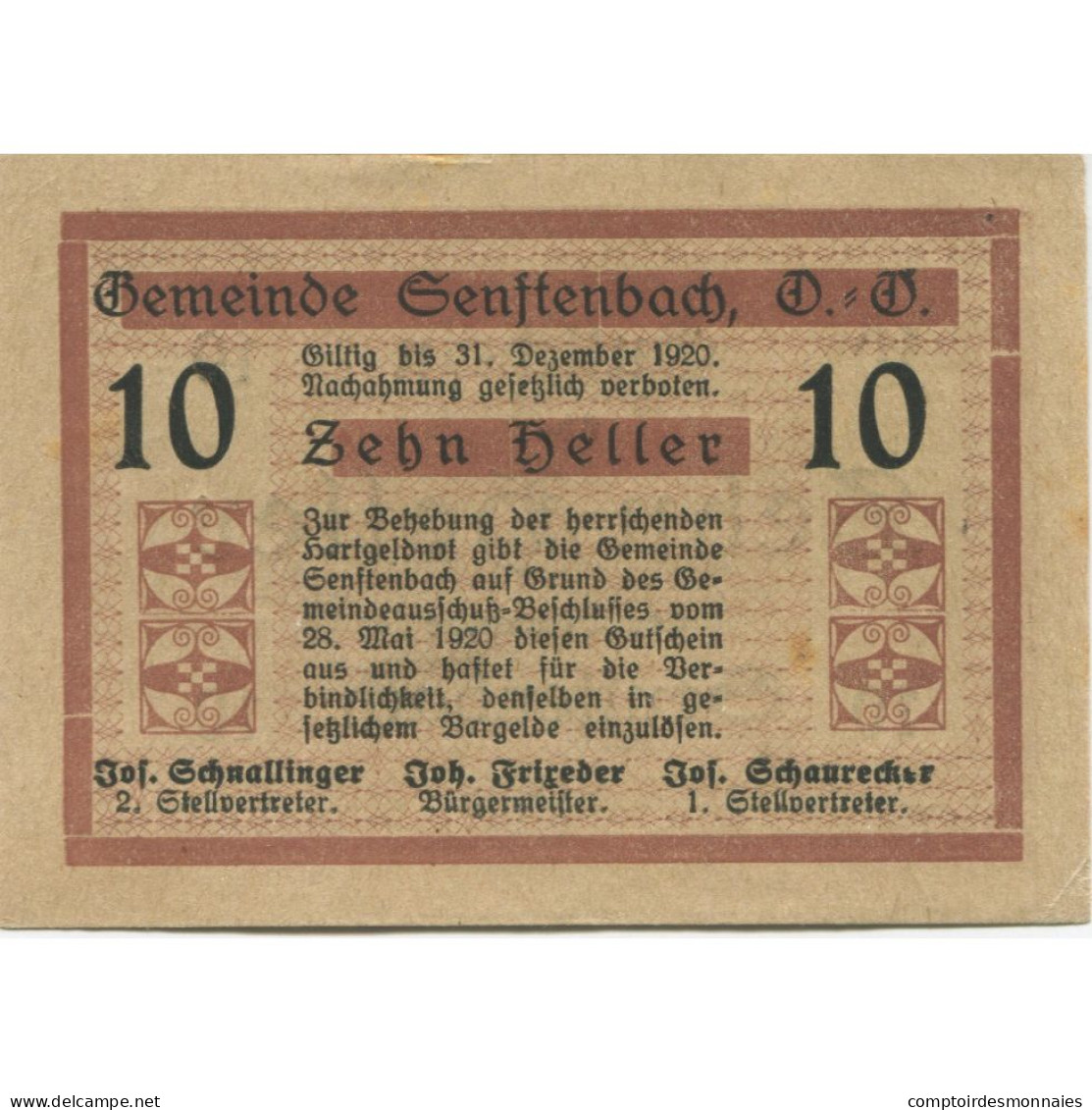 Billet, Autriche, Senftenbach, 10 Heller, Valeur Faciale 1920 SPL Mehl:FS 992a - Autriche