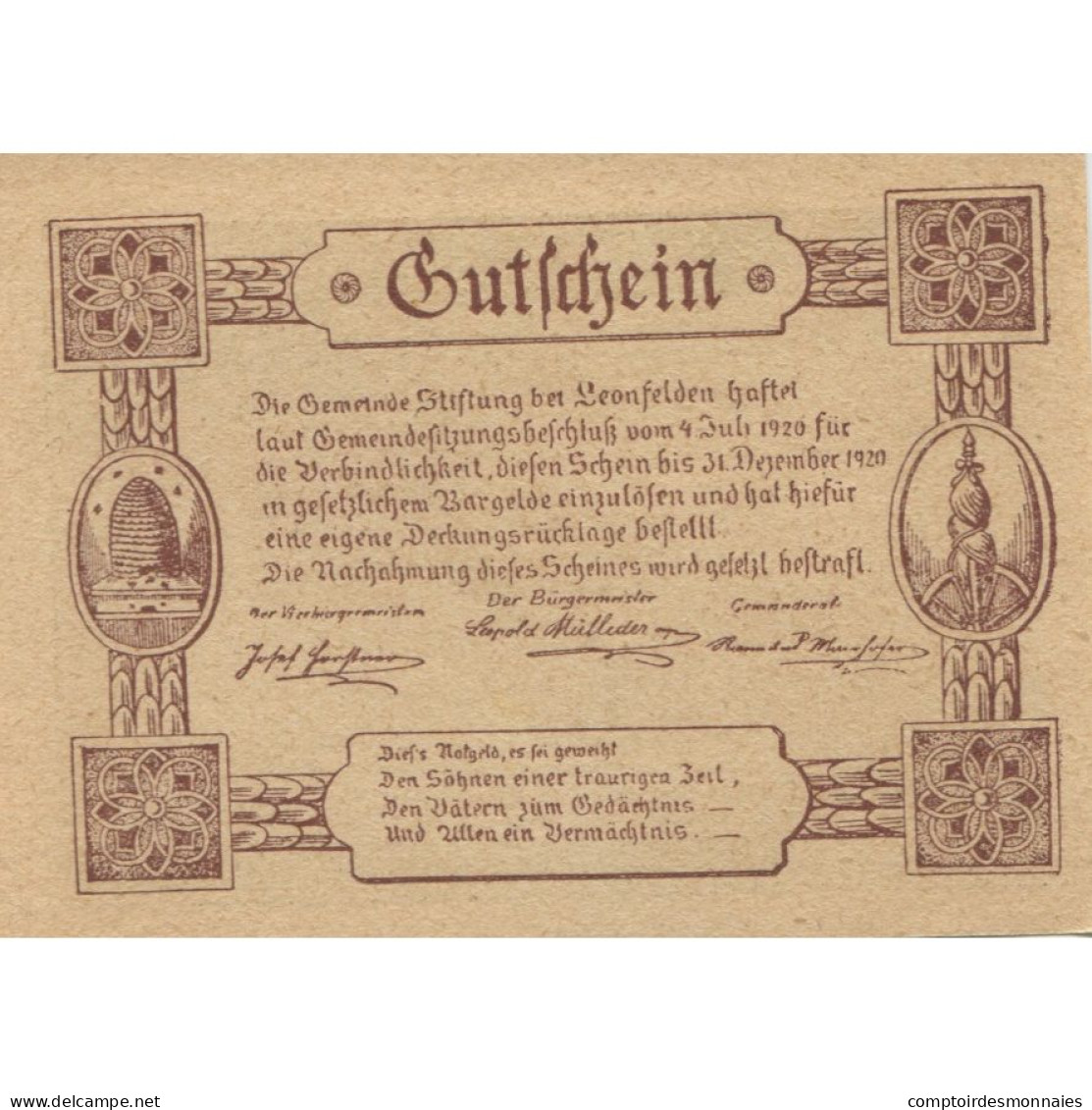 Billet, Autriche, Leonfelden, 30 Heller, Blé 1920-12-31, SPL Mehl:FS 1037a - Autriche