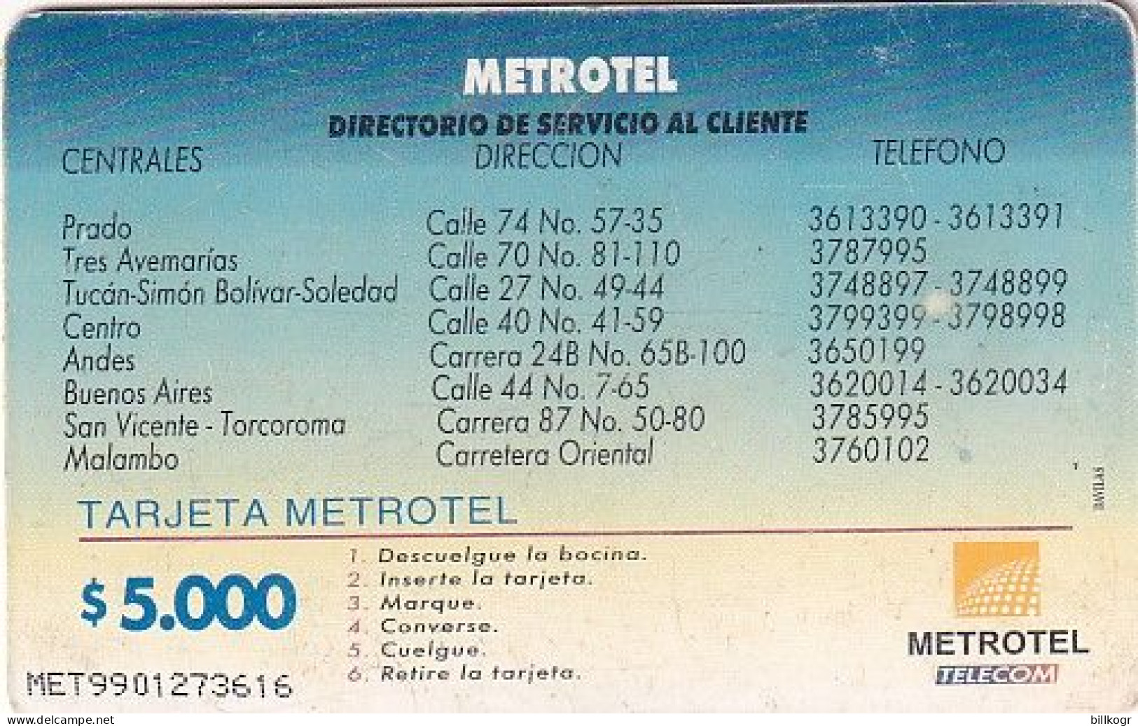 COLOMBIA - Metrotel Sede Principal, Metrotel Telecard $5000, Used - Colombie