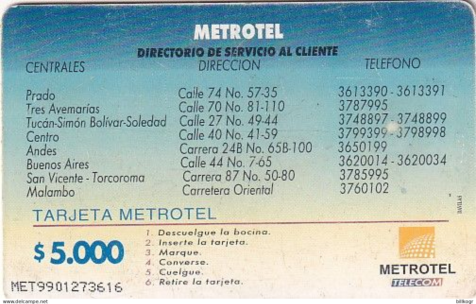 COLOMBIA - Metrotel Sede Principal, Metrotel Telecard $5000, Used - Colombia