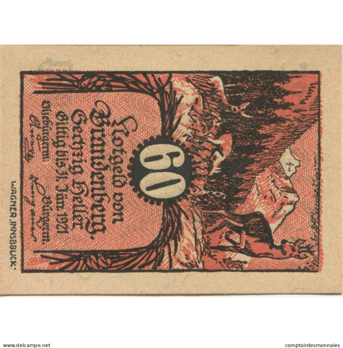Billet, Autriche, Brandenberg, 60 Heller, Cerf 1920-12-31, SPL, Mehl:FS 99a - Oesterreich