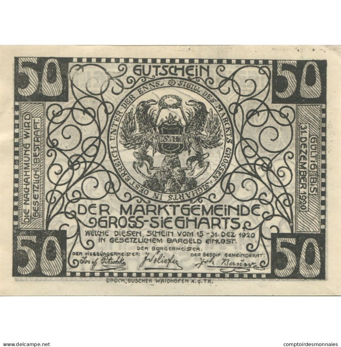 Billet, Autriche, Gross-Siegharts, 50 Heller, Blason 1920-12-31 SPL Mehl:FS 297b - Austria