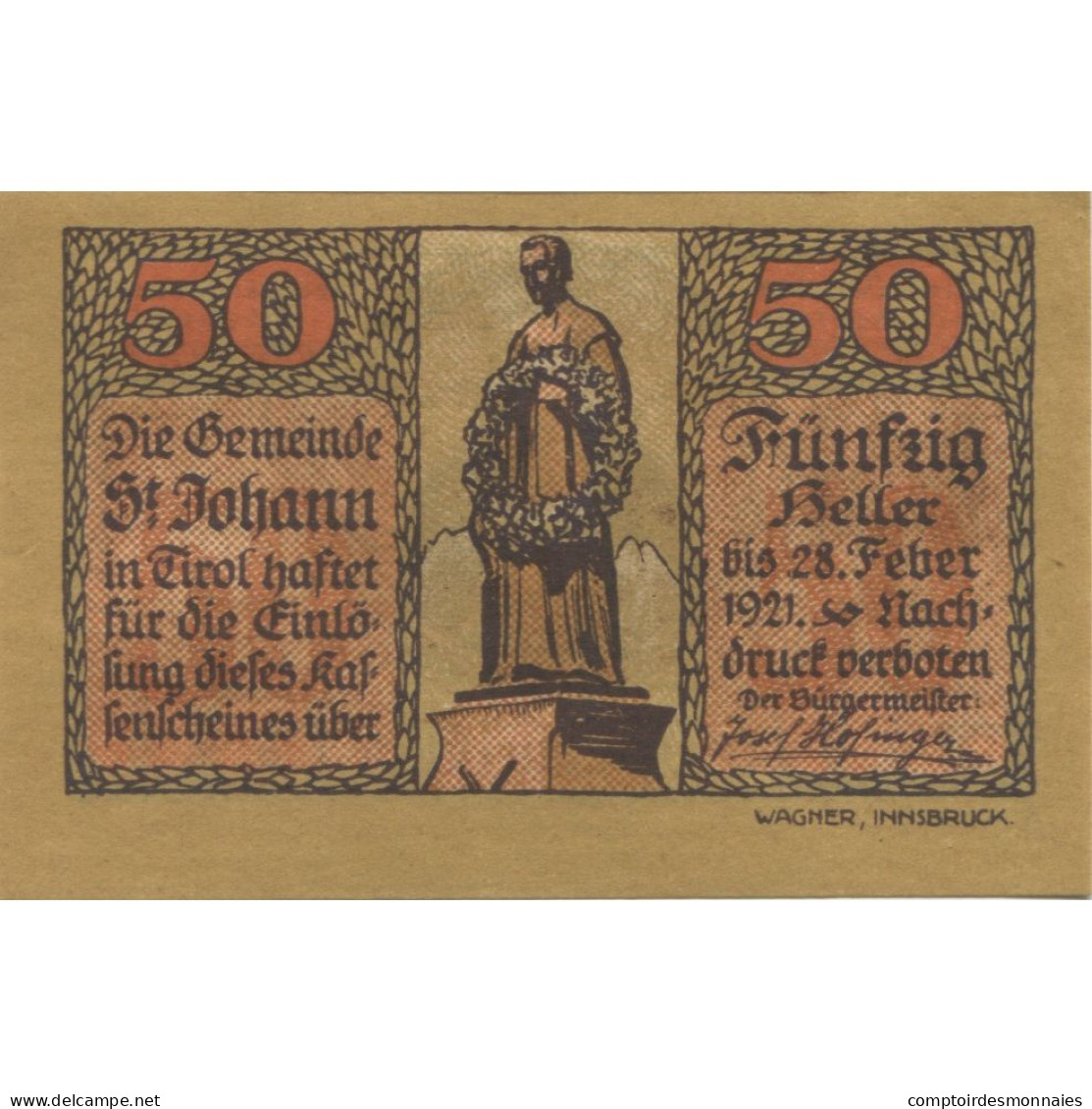 Billet, Autriche, St Johann, 50 Heller, Statue 1921-01-31, SPL Mehl:FS 898b - Austria