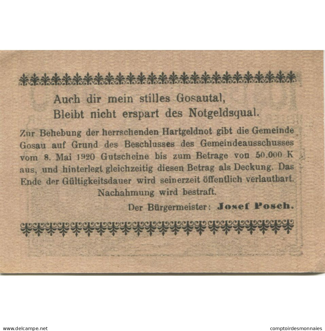 Billet, Autriche, Gosau, 10 Heller, Chalet, 1920, SPL, Mehl:FS 251 - Austria