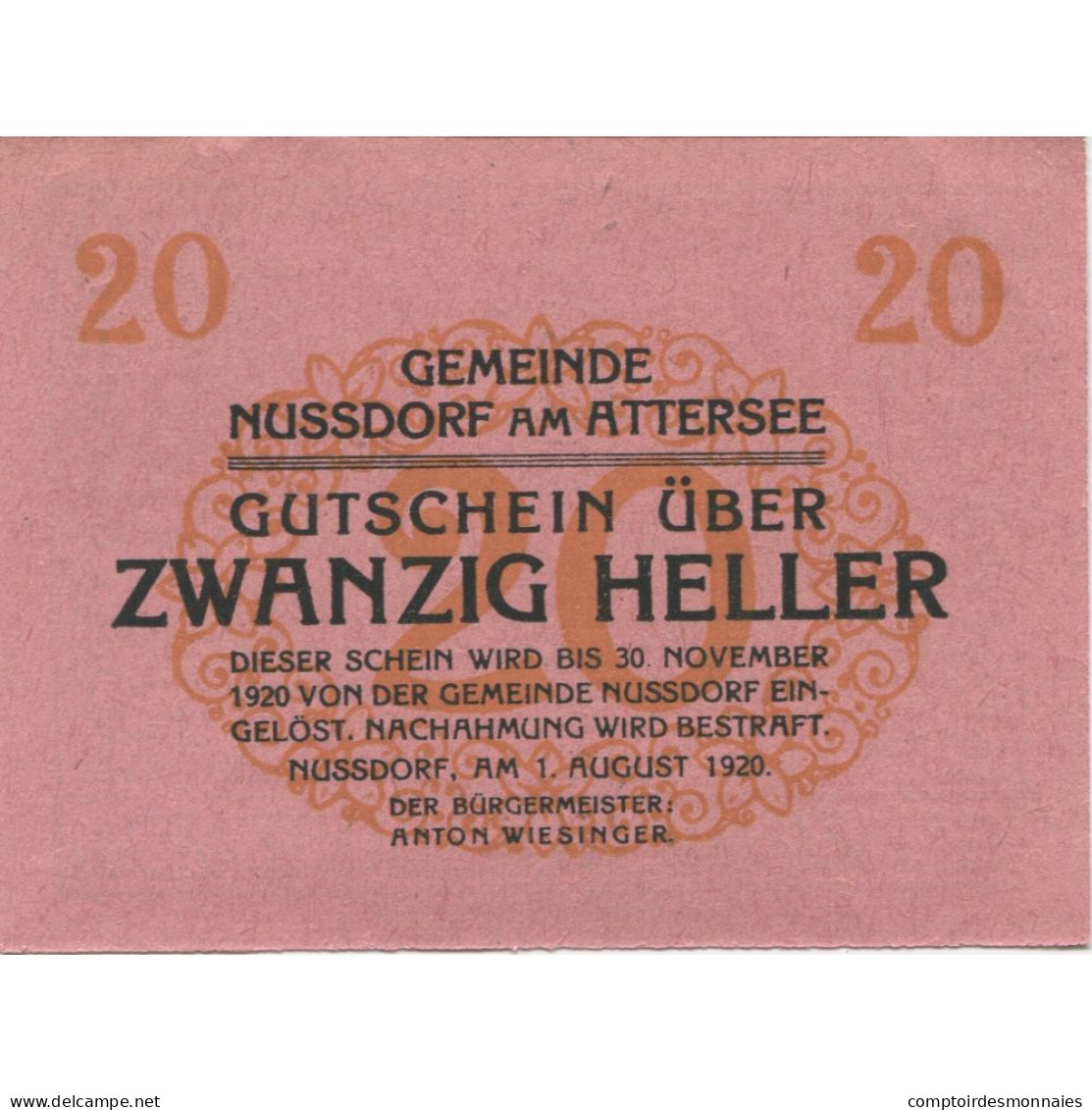 Billet, Autriche, Nussdorf, 20 Heller, Eglise 1920-11-30, SPL, Mehl:FS 677a - Austria