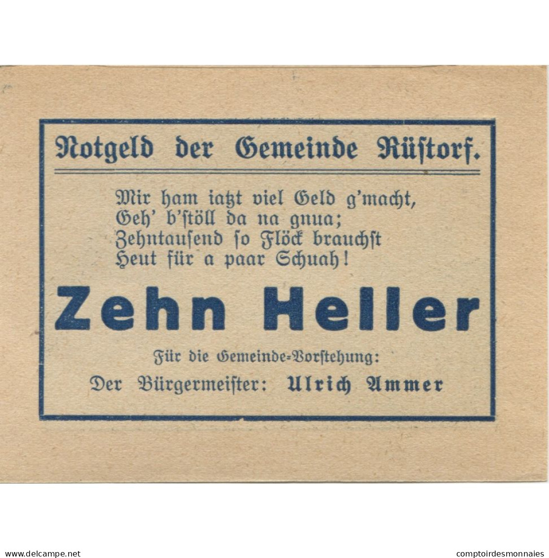 Billet, Autriche, Rustorf, 10 Heller, Blason 1920-12-31, SPL, Mehl:FS 856a - Austria