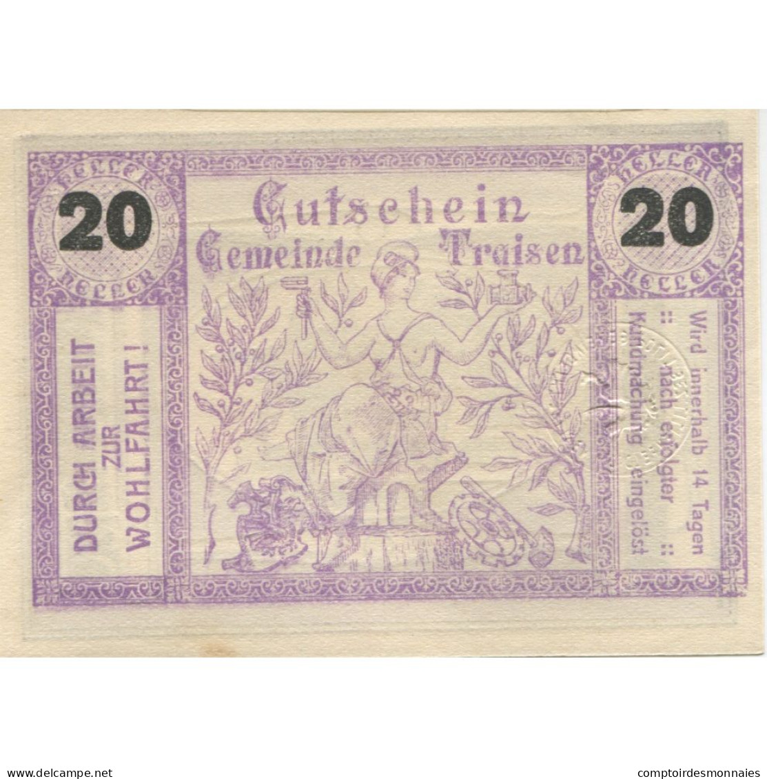 Billet, Autriche, Traisen, 20 Heller, Mairie, 1920, SPL, Mehl:FS 1076I - Oesterreich