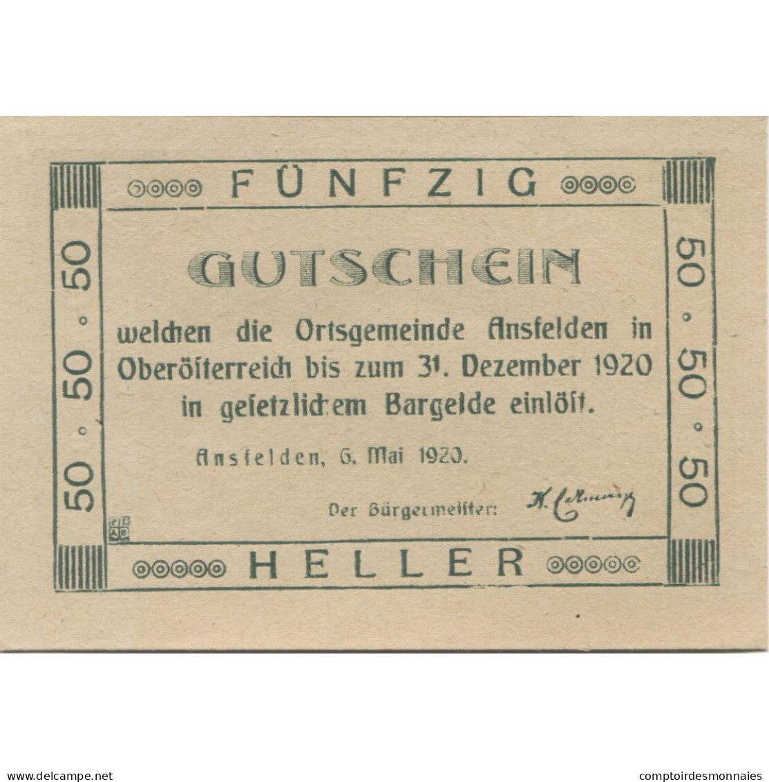 Billet, Autriche, Ansfelden, 50 Heller, Portrait 1920-12-31, SPL, Mehl:FS 45Ia - Oesterreich