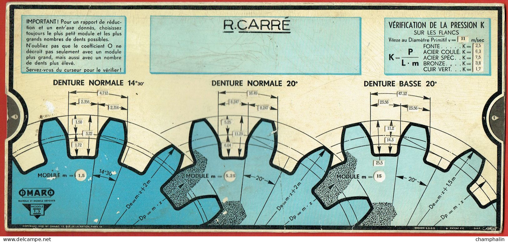 Abaque Omaro - Réglette De Calcul Dentures De Pignons D'engrenages - Modèle T.3 - Edition 1932 - Andere & Zonder Classificatie
