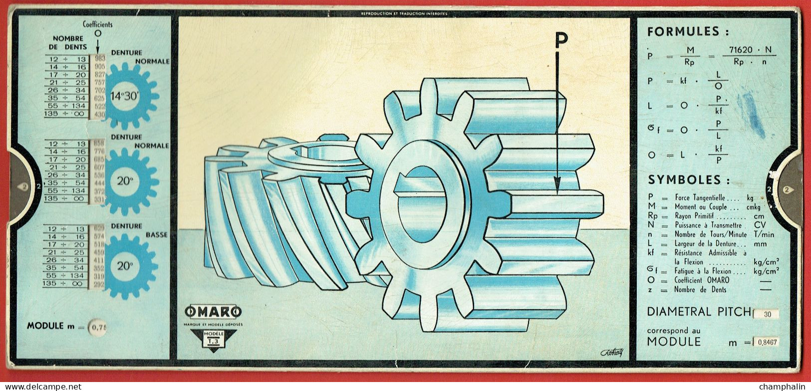 Abaque Omaro - Réglette De Calcul Dentures De Pignons D'engrenages - Modèle T.3 - Edition 1932 - Autres & Non Classés