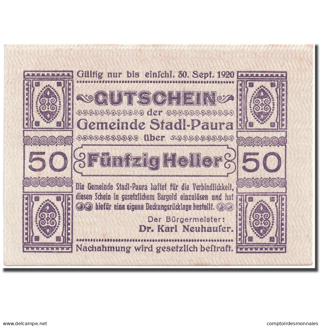 Billet, Autriche, Stadl-Paura, 50 Heller, Graphique, 1920, 1920-03-05, SPL - Austria