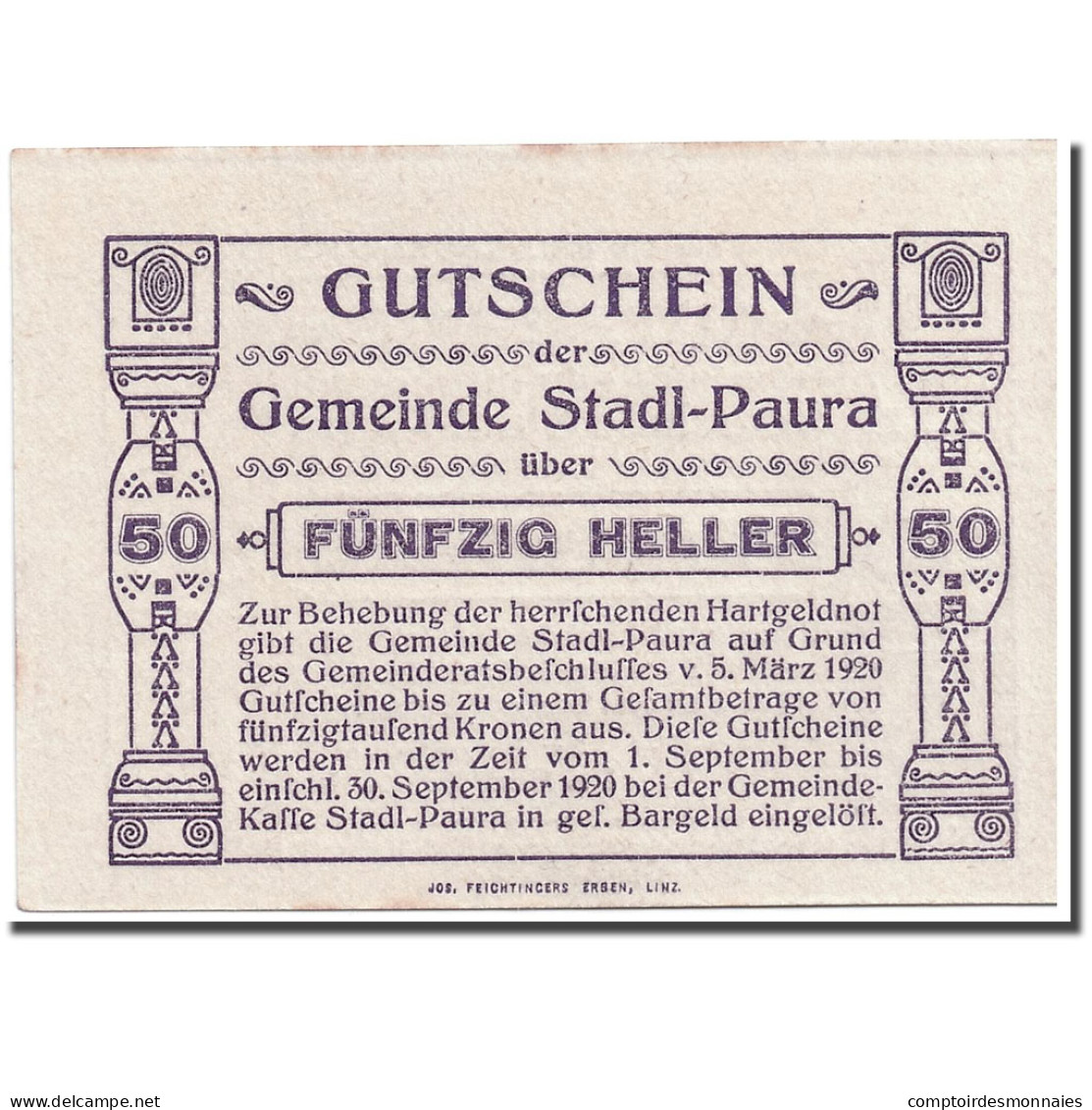 Billet, Autriche, Stadl-Paura, 50 Heller, Graphique, 1920, 1920-03-05, SPL - Oesterreich