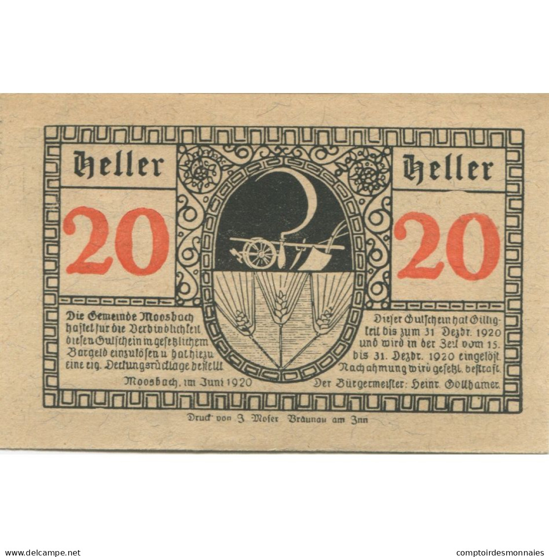 Billet, Autriche, Moosbach, 20 Heller, Eglise 1920-12-31, SPL, Mehl:FS 628a - Autriche