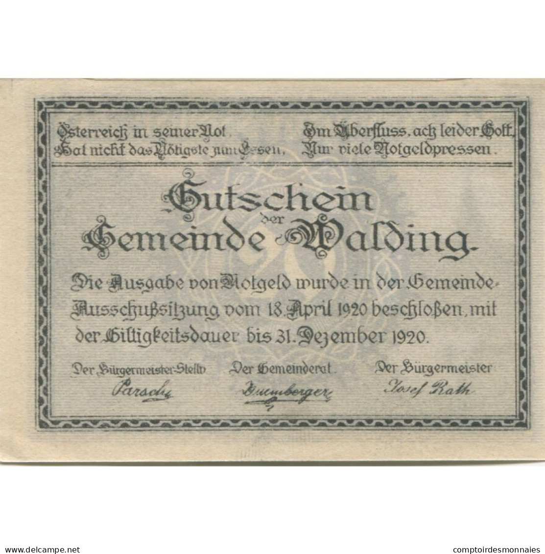 Billet, Autriche, Walding, 20 Heller, Eglise 1920-12-31, SPL, Mehl:FS 1132a - Austria