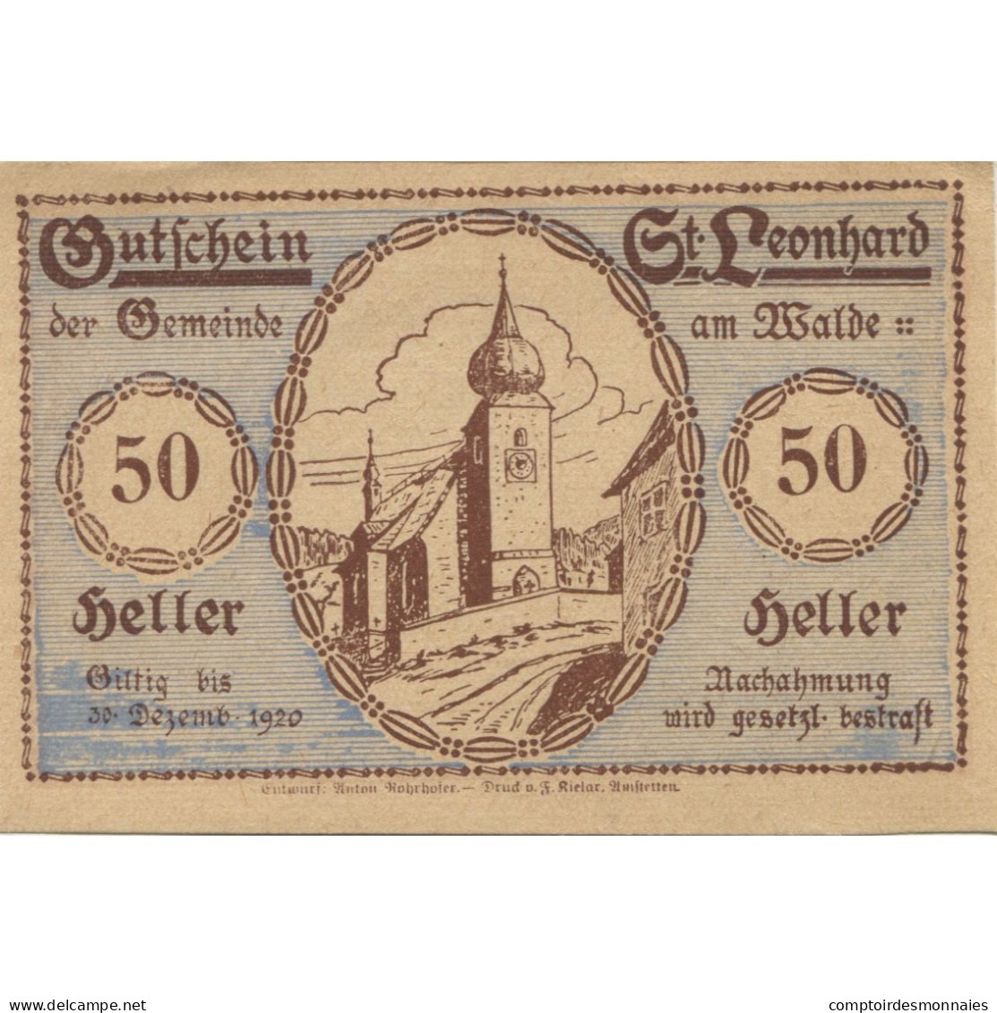 Billet, Autriche, St Leonhard, 50 Heller, Personnage, 1920 SPL Mehl:FS 902c - Austria