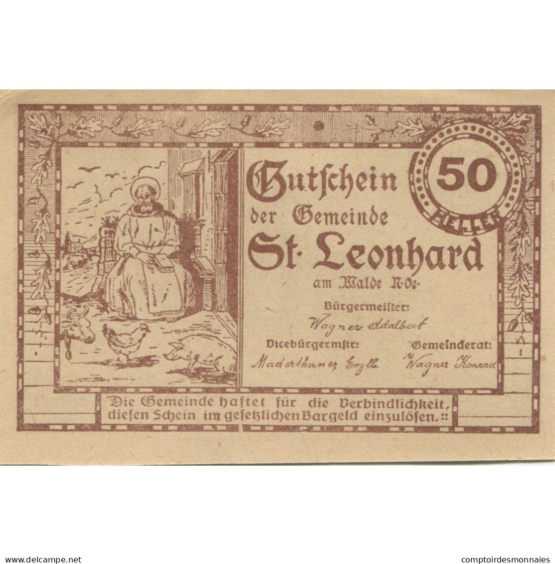 Billet, Autriche, St Leonhard, 50 Heller, Personnage, 1920 SPL Mehl:FS 902c - Austria