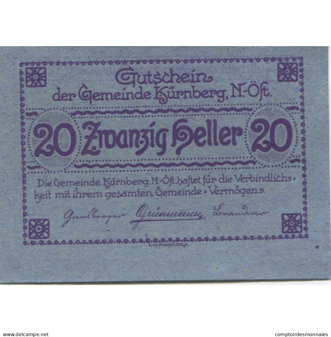 Billet, Autriche, Kürnberg, 20 Heller, Village, 1920, SPL, Mehl:FS 490a - Autriche