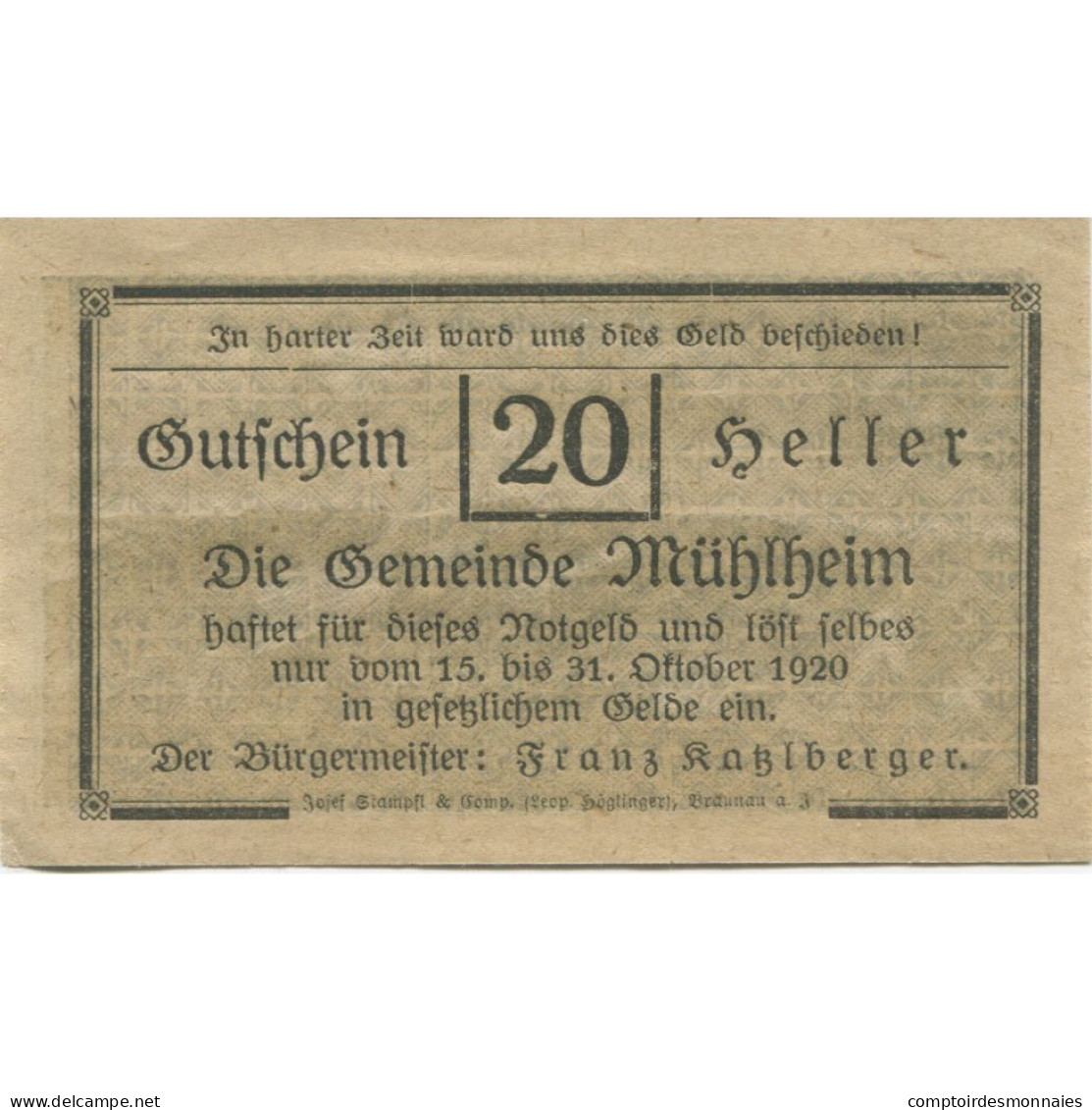 Billet, Autriche, Mühlheim, 20 Heller, Château 1920-10-31, SPL Mehl:FS 631a1 - Autriche