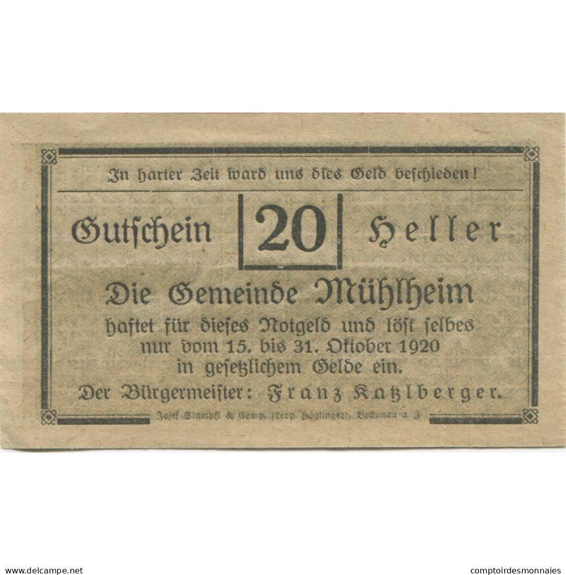 Billet, Autriche, Mühlheim, 20 Heller, Château 1920-10-31, SPL Mehl:FS 631a1 - Oesterreich
