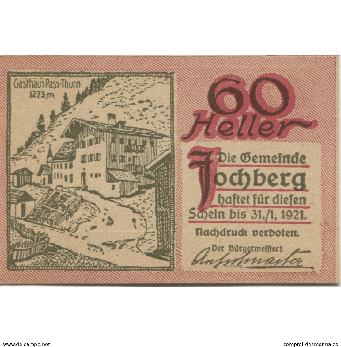 Billet, Autriche, Jochberg, 60 Heller, Chalet 1921-01-31, SPL, Mehl:FS 419a - Autriche