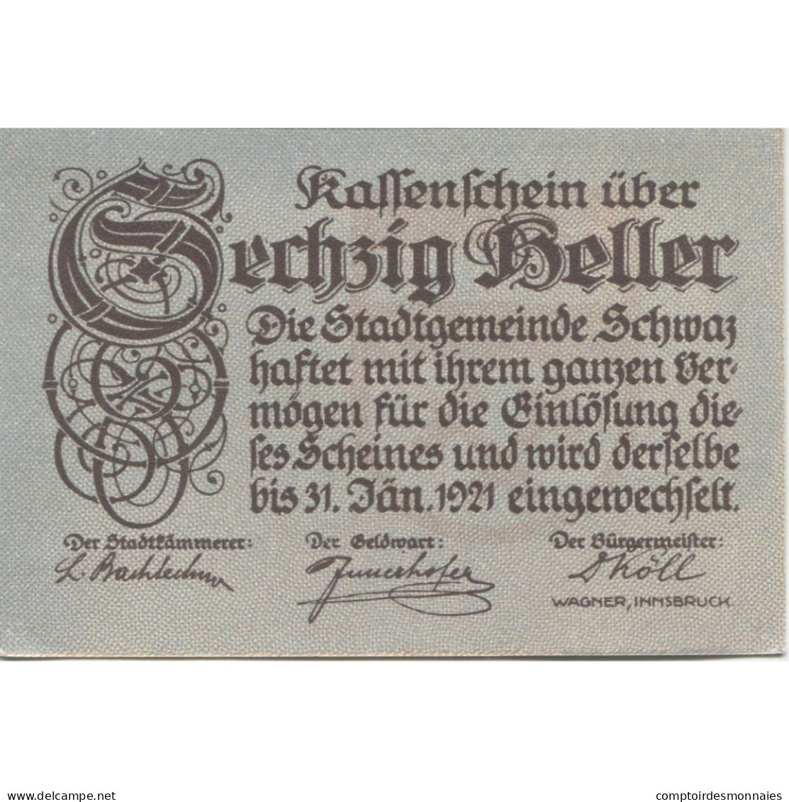 Billet, Autriche, Schwaz, 60 Heller, Montagne, 1920-12-31, SPL, Mehl:FS 983a - Autriche