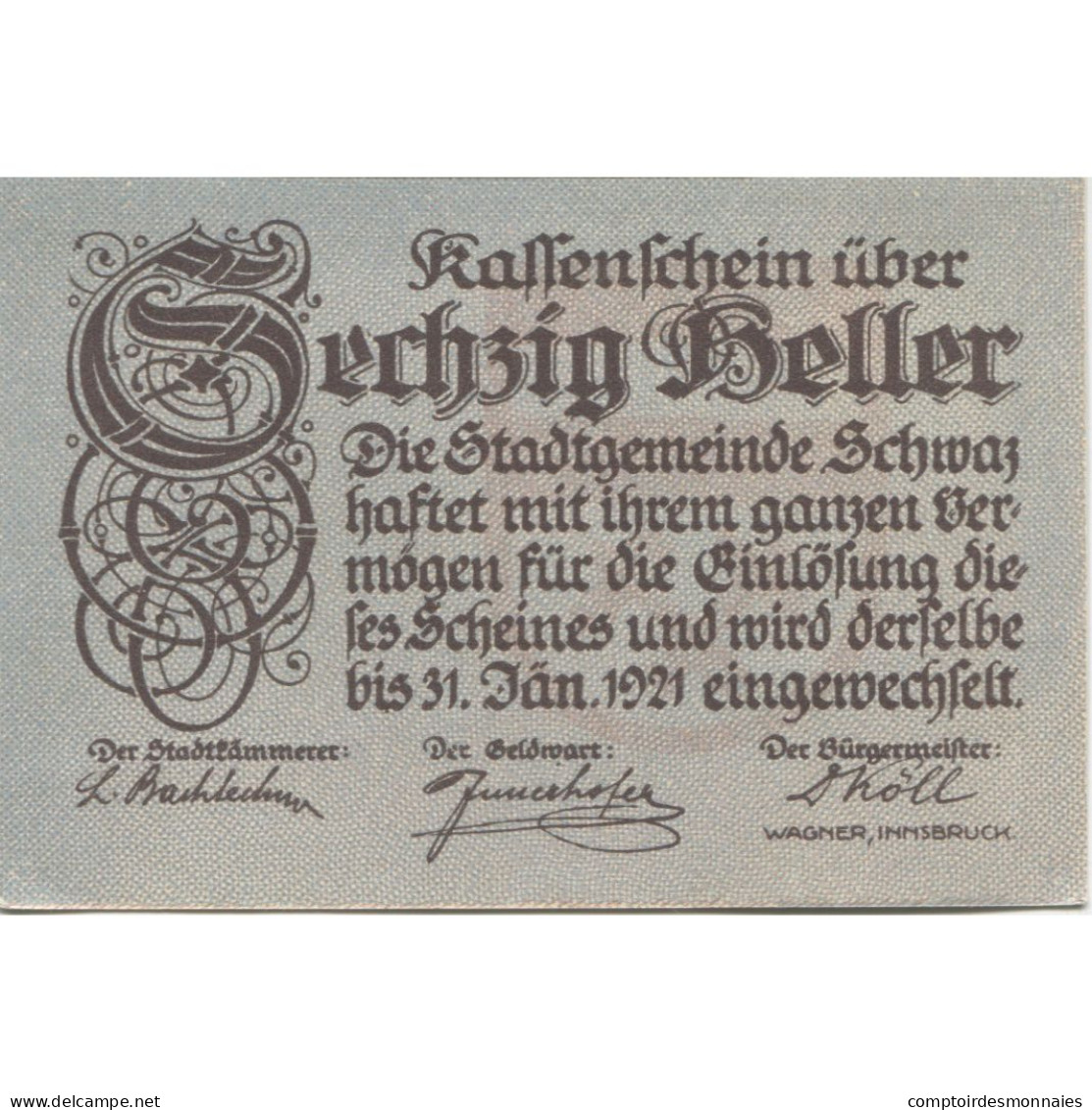 Billet, Autriche, Schwaz, 60 Heller, Montagne, 1920-12-31, SPL, Mehl:FS 983a - Austria