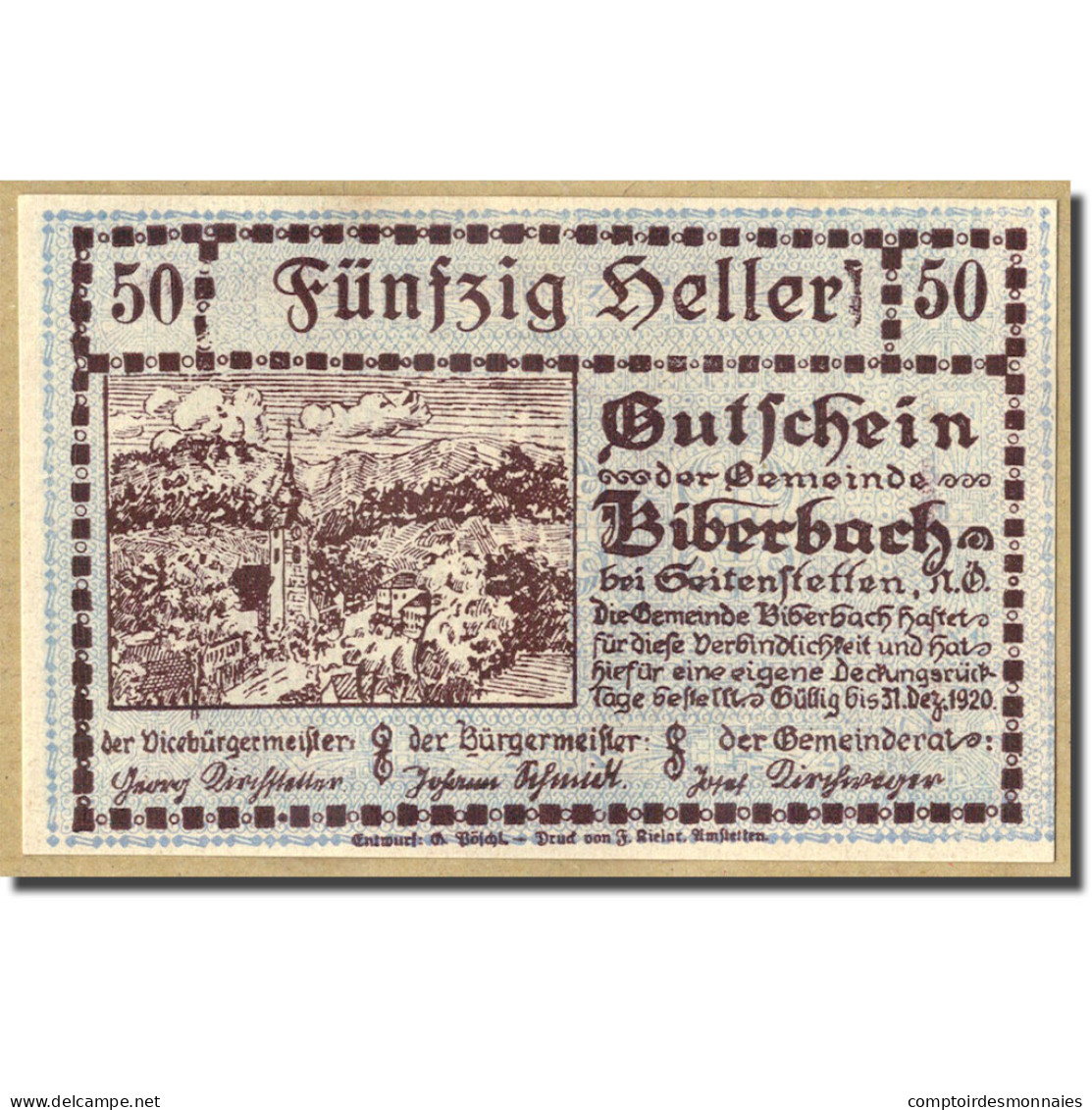 Billet, Autriche, Biberbach, 50 Heller, Paysage, SPL, Mehl:86 Ia - Autriche